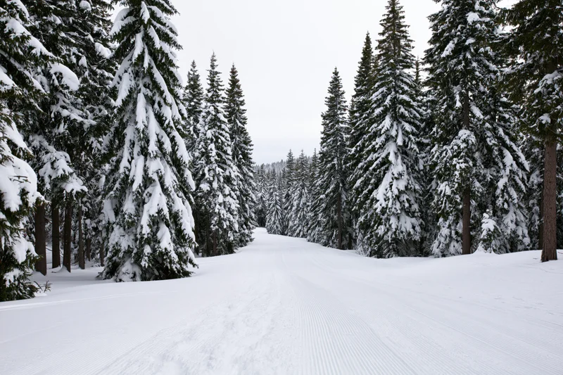 Groomed ski slope running straight through dense snow-covered pine forest