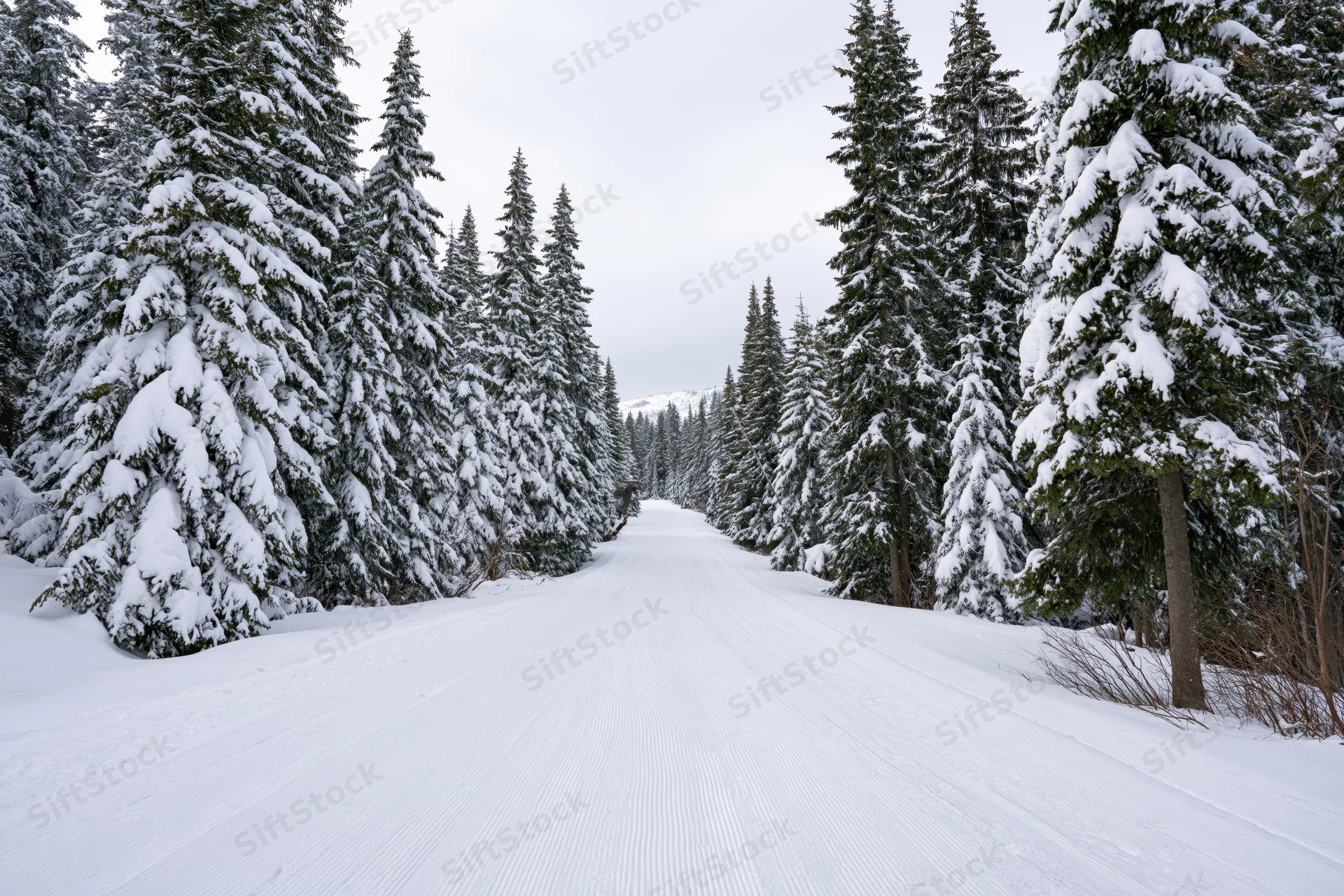 Groomed ski slope running straight through dense snow-covered evergreen forest