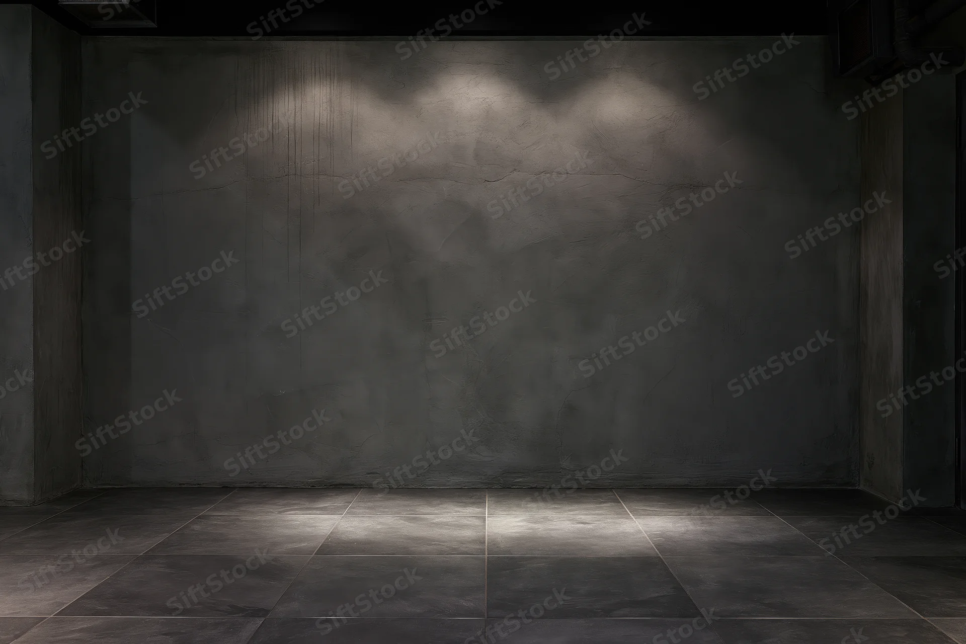 Empty industrial room with bare concrete walls and tiled floor under spotlight lighting