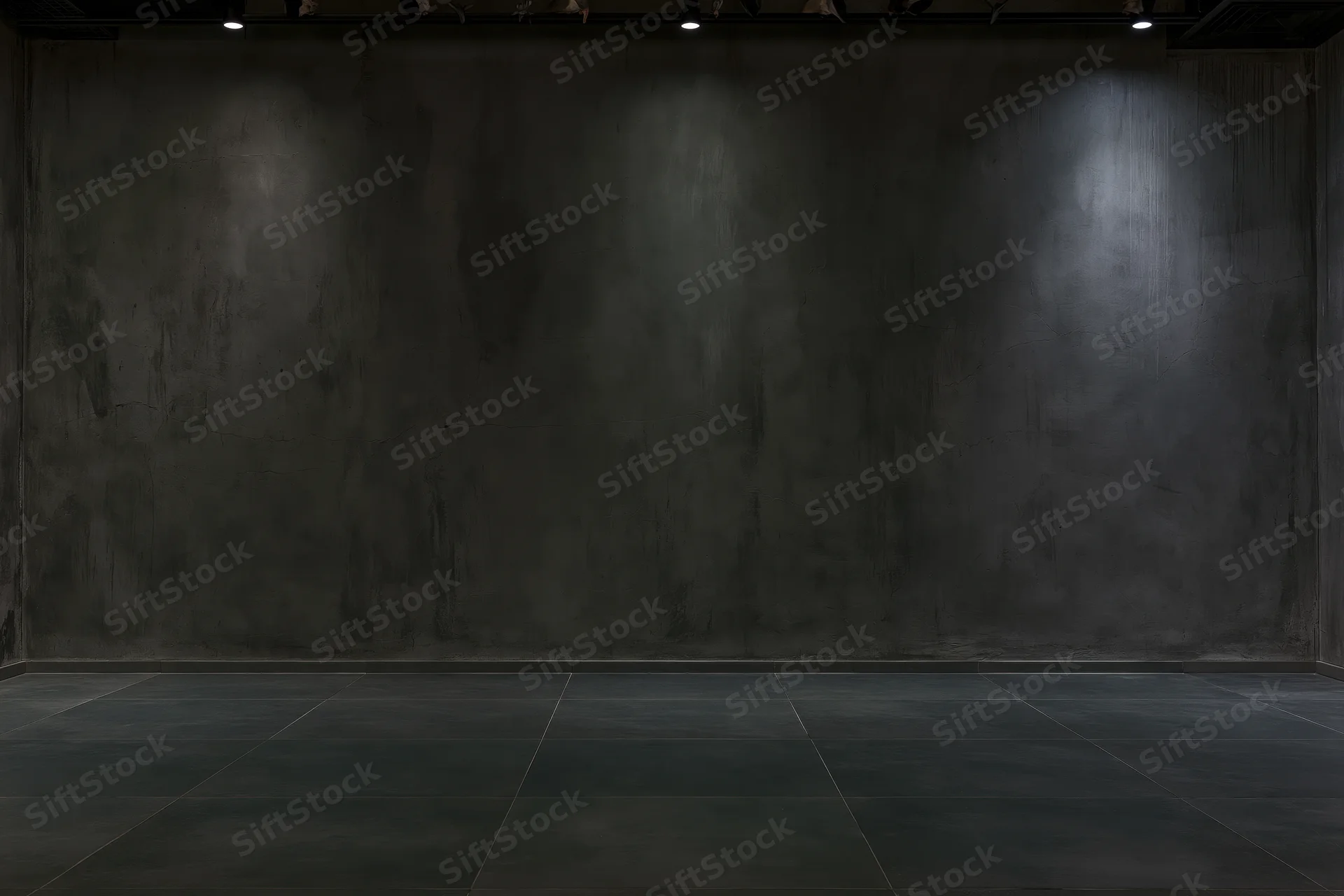 Empty industrial room with bare concrete walls and tiled floor under spotlight lighting
