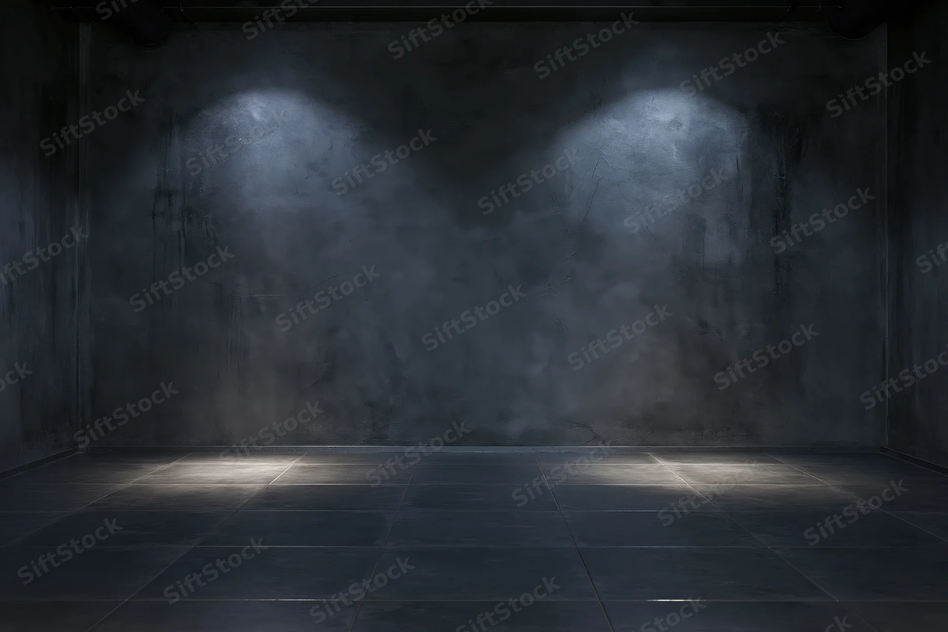 Empty industrial room with concrete walls and tiled floor lit by spotlights