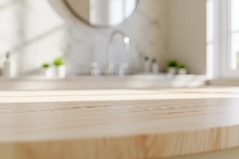 Light wood countertop in sharp focus with bathroom vanity blurred in background