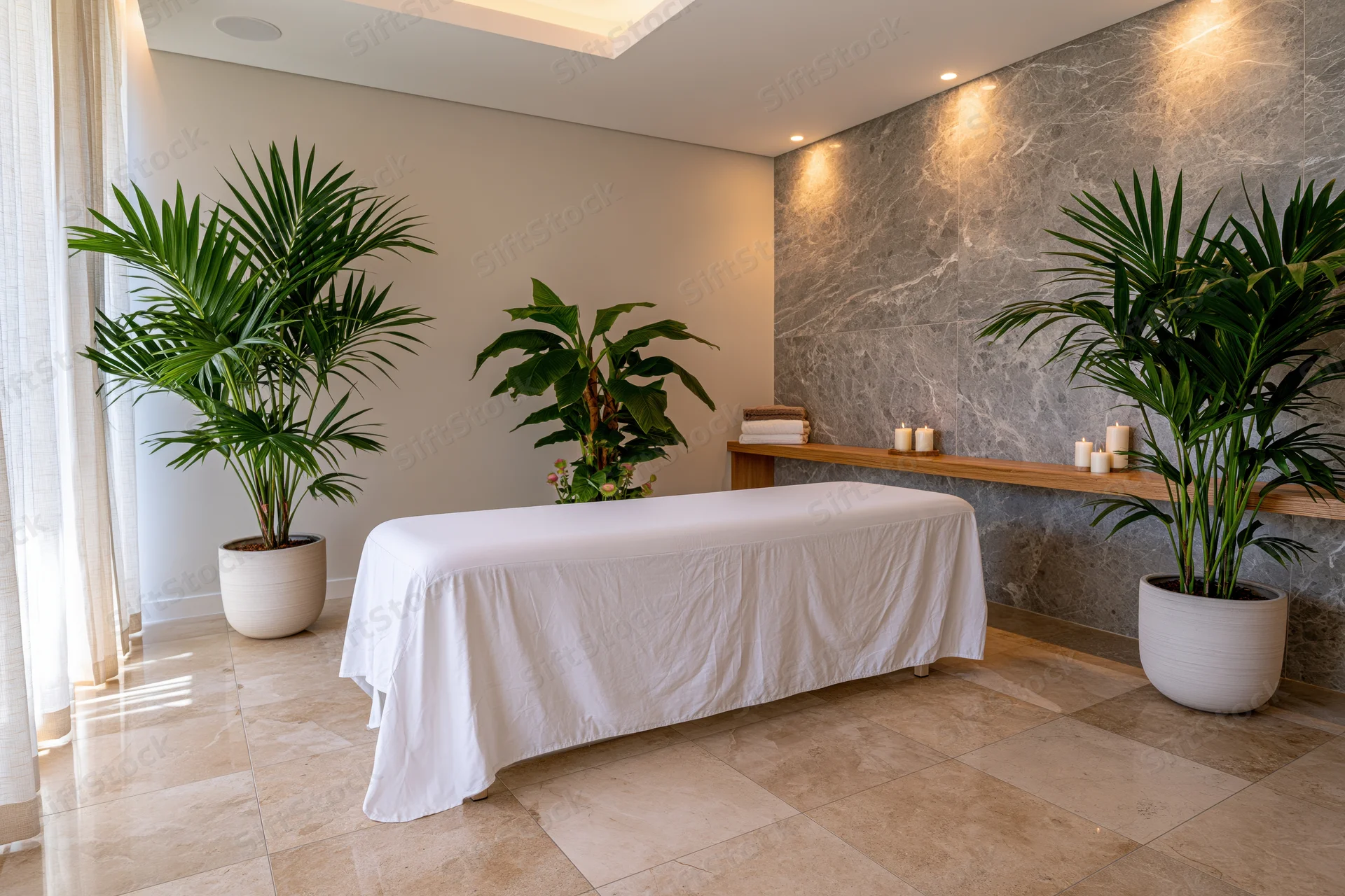 Massage table covered in white linen in a spa treatment room with potted plants and marble wall