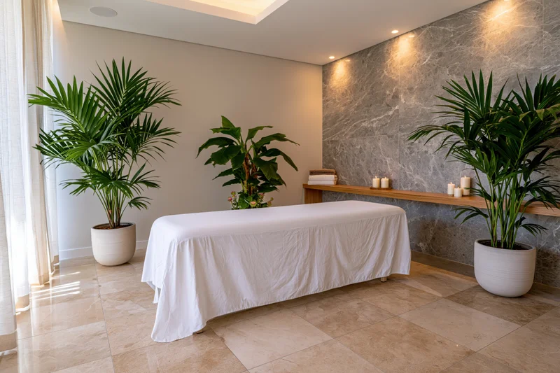 Massage table covered in white linen in a spa treatment room with potted plants and marble wall