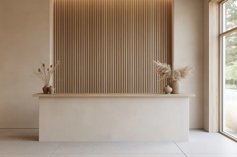 Minimalist reception desk with wooden slats and dried flowers in a spa interior
