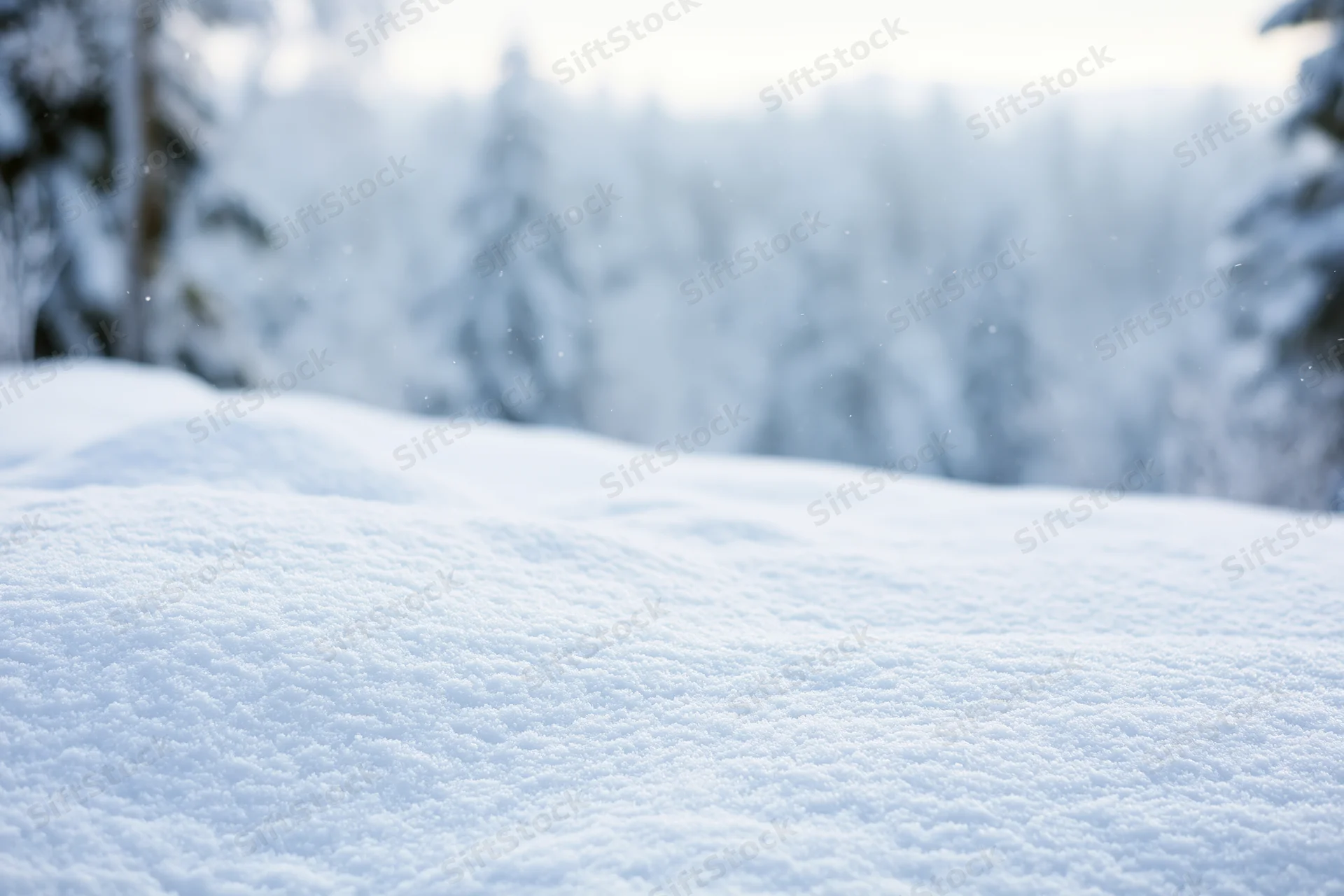 Snow-covered ground in a blurred winter forest landscape