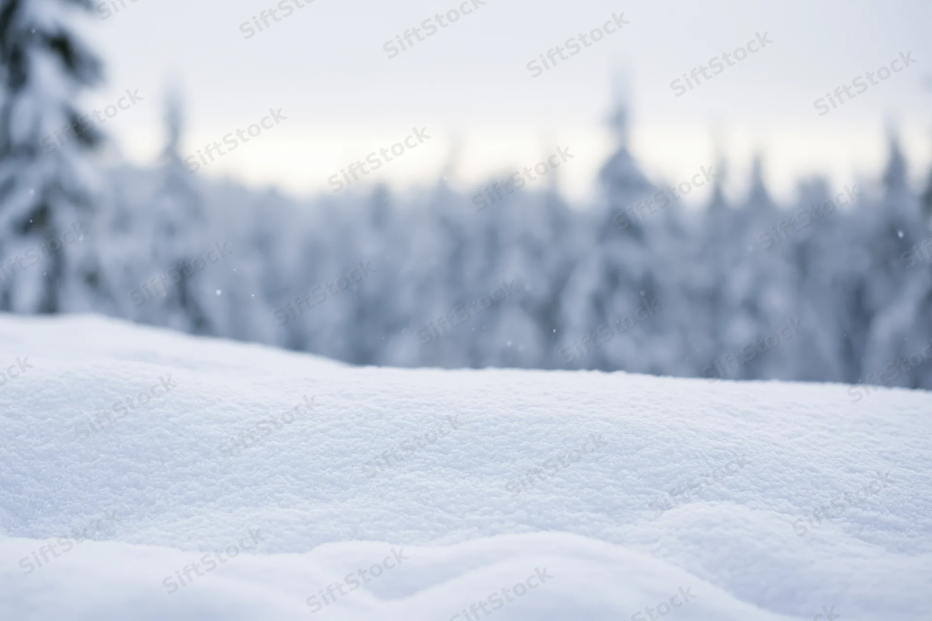 Snow-covered ground in a blurred winter forest landscape