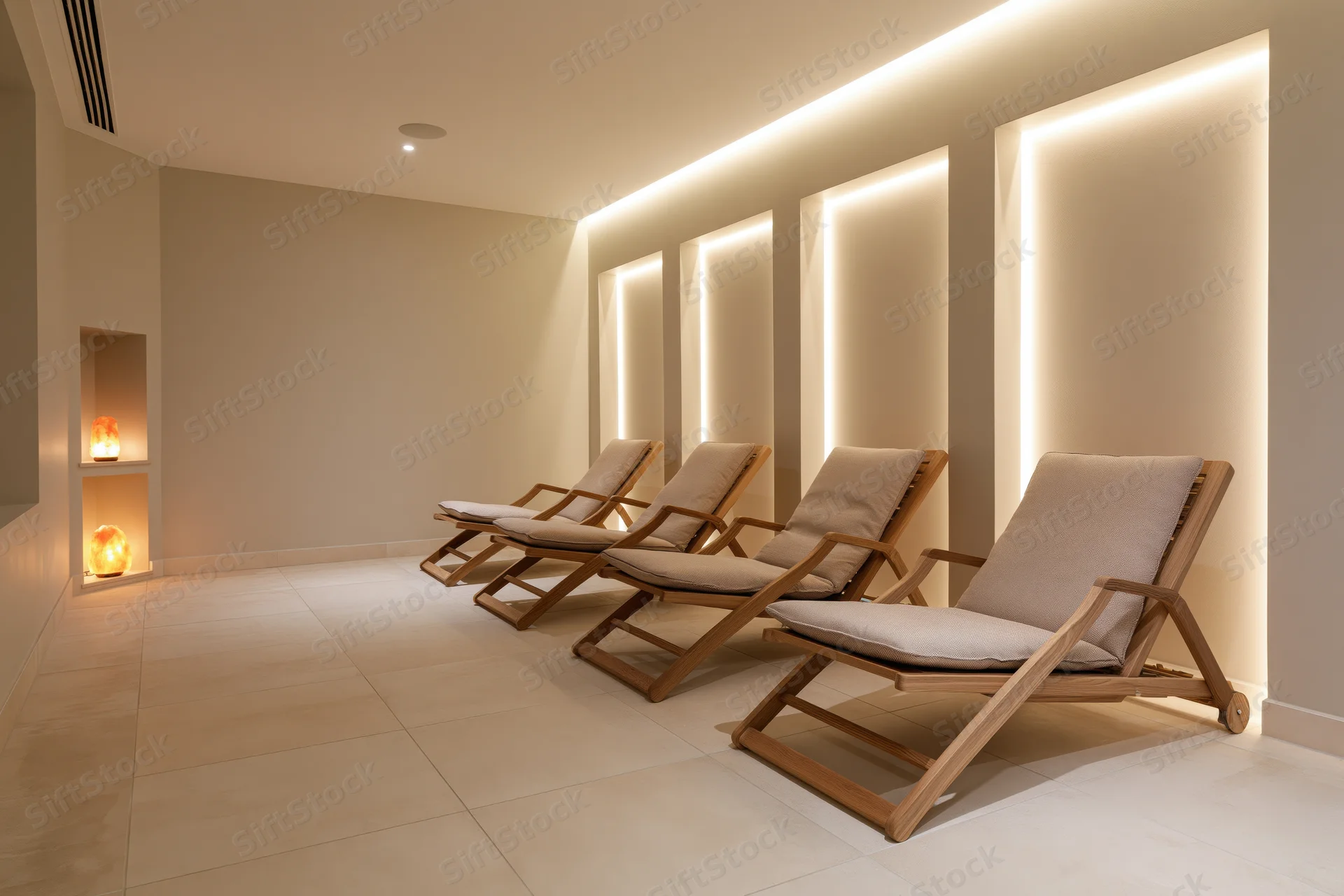 Four wooden reclining lounge chairs arranged in a row in a softly lit spa relaxation room with recessed wall lighting and tiled floor