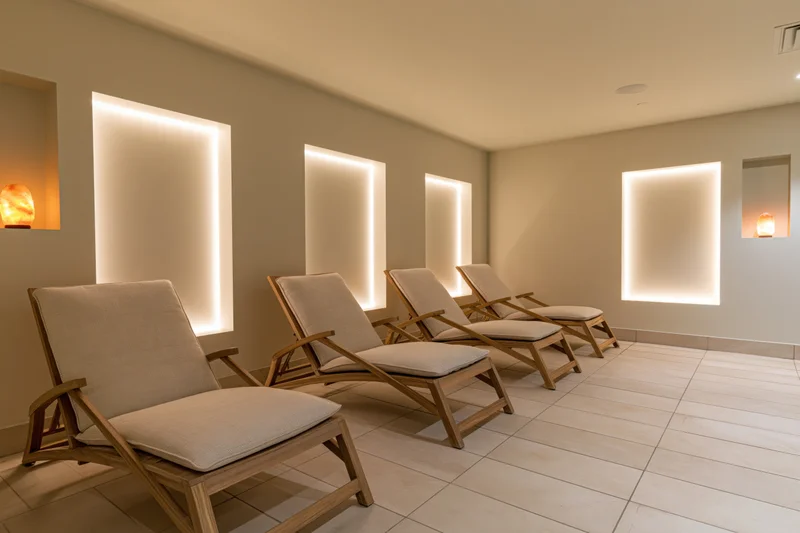 Four wooden-framed lounge chairs arranged in a row in a beige spa relaxation room with recessed lighting and tiled floor