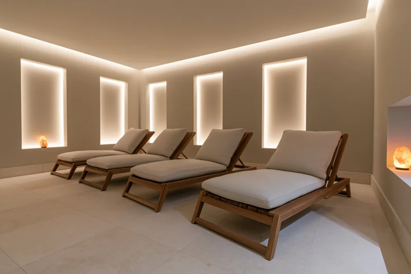 Four wooden lounge chairs arranged in a row in a modern spa relaxation room with recessed lighting and salt lamps