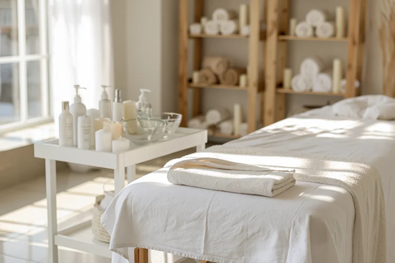 White massage table draped with towel in a bright spa treatment room with shelves of towels and bottles of products near a window
