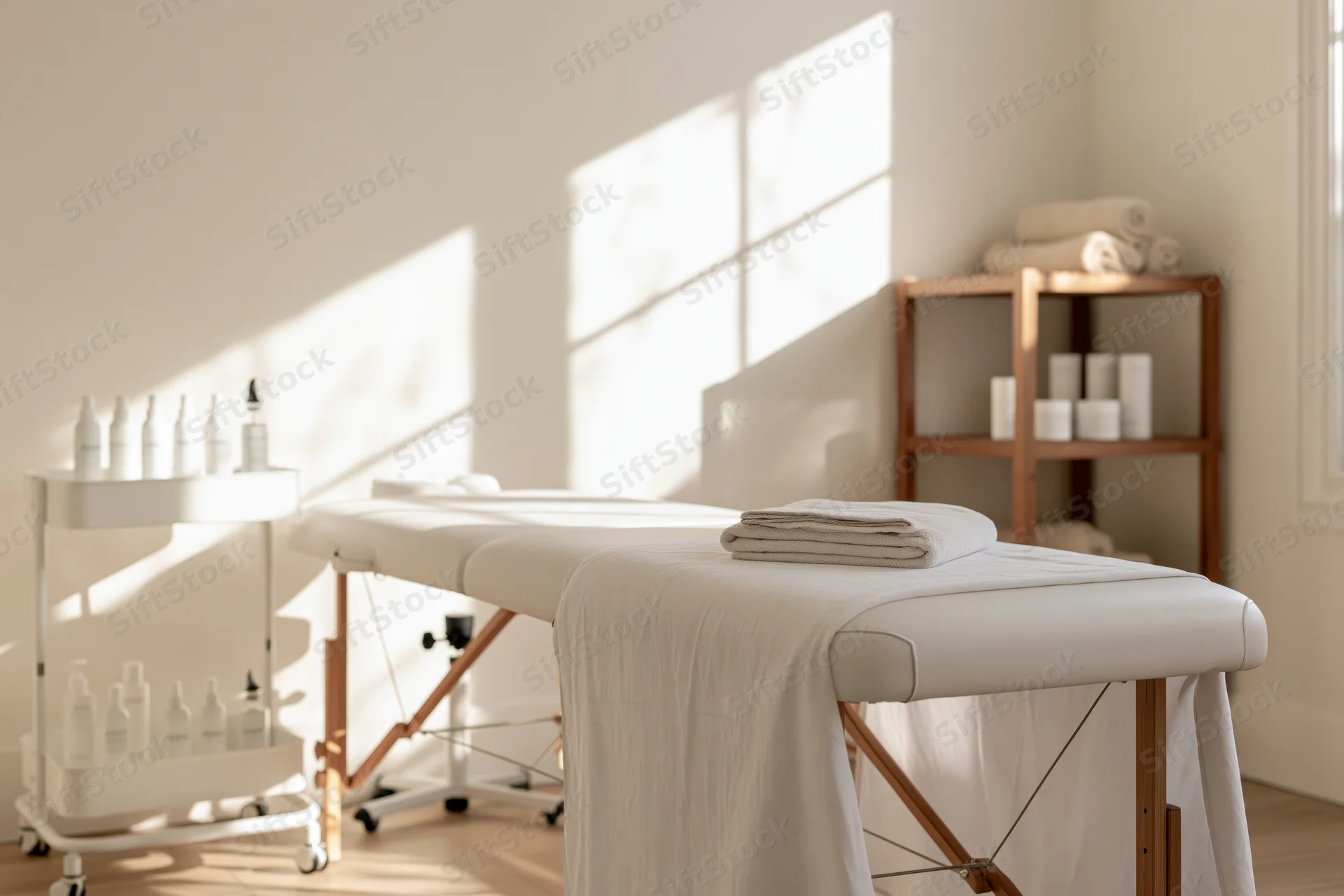 White padded massage table in a bright spa treatment room with towels and skincare bottles on shelves