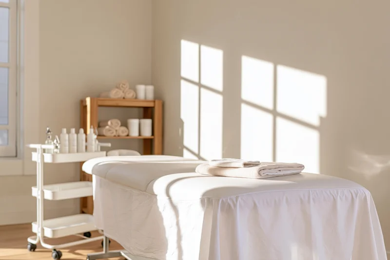 White padded massage table in a bright spa treatment room with towels and products on a cart and shelf