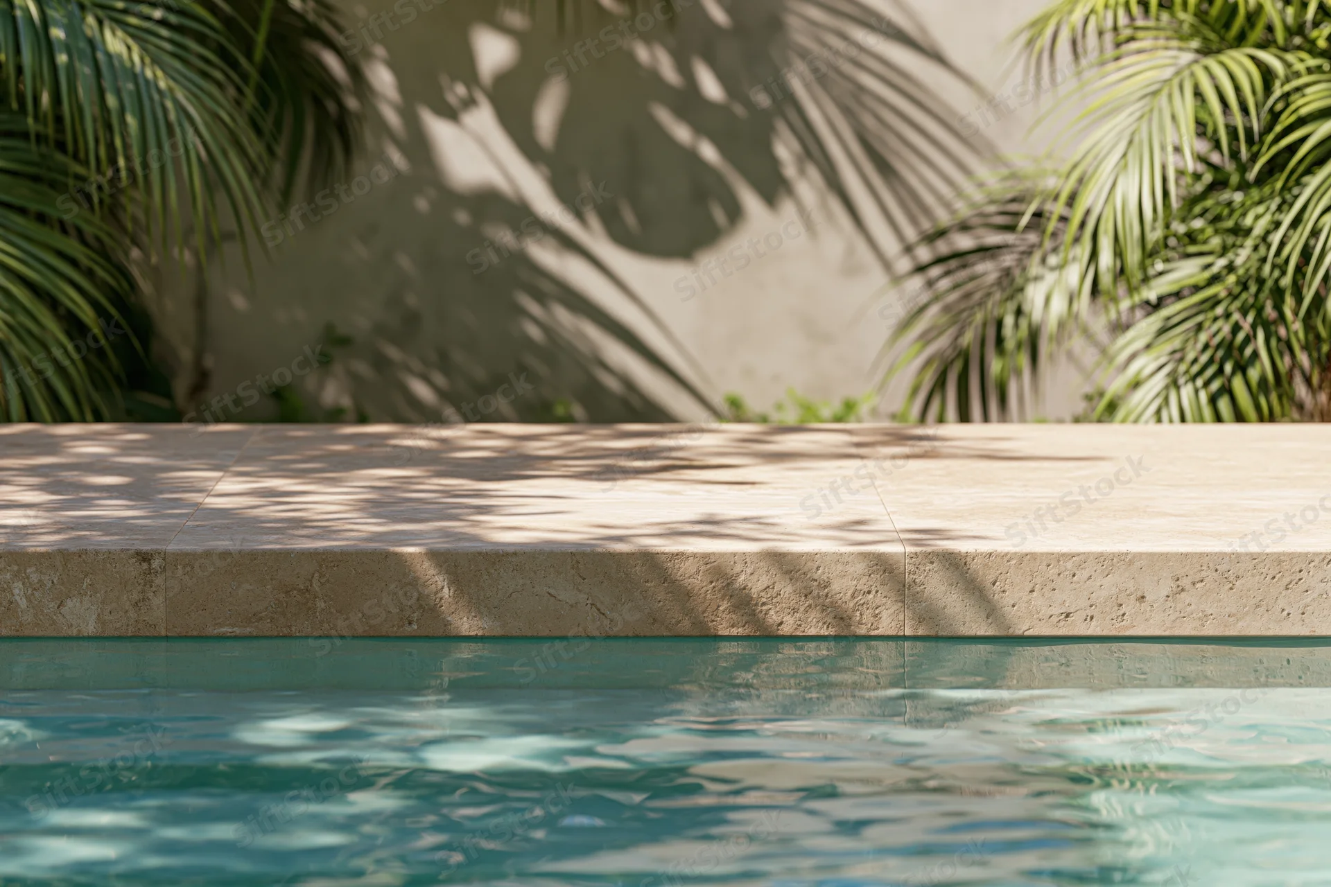 Travertine stone ledge at edge of turquoise pool with palm shadows on wall