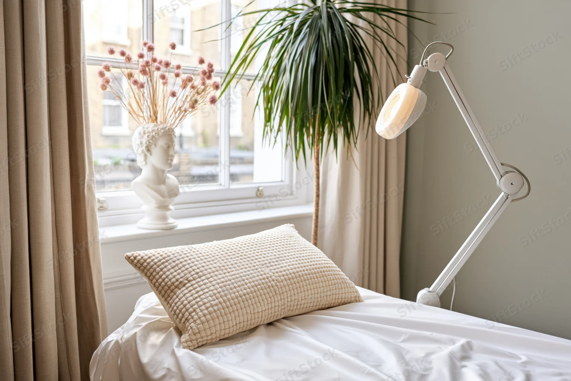 Cream textured pillow on white bed beside window with lamp and plant in bedroom