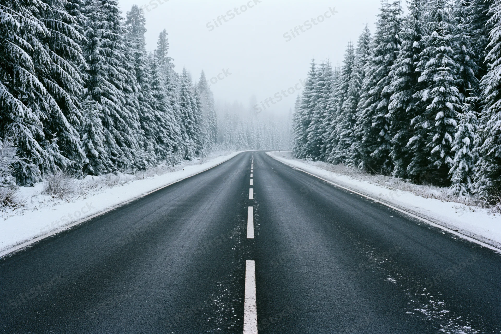 Straight asphalt road through snow-covered pine forest in winter