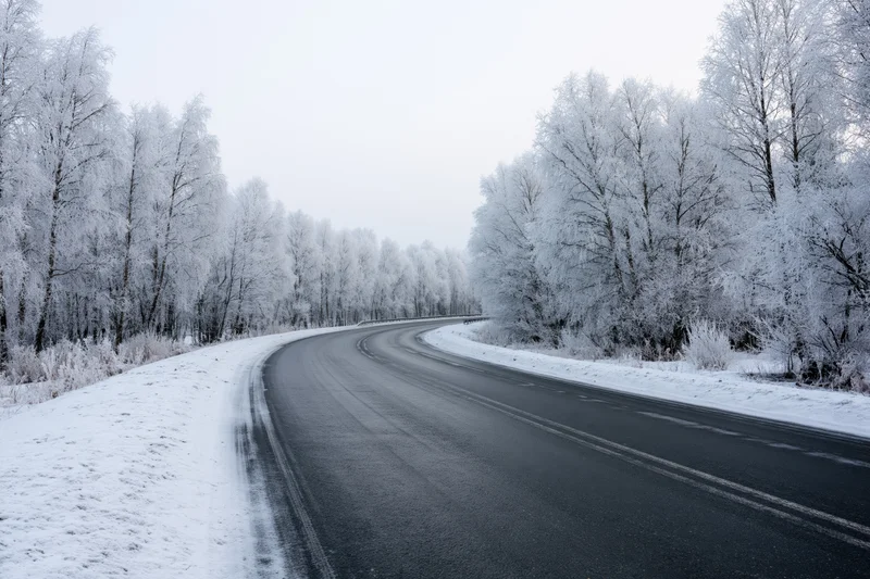Winding asphalt road curving through snow-covered forest in winter