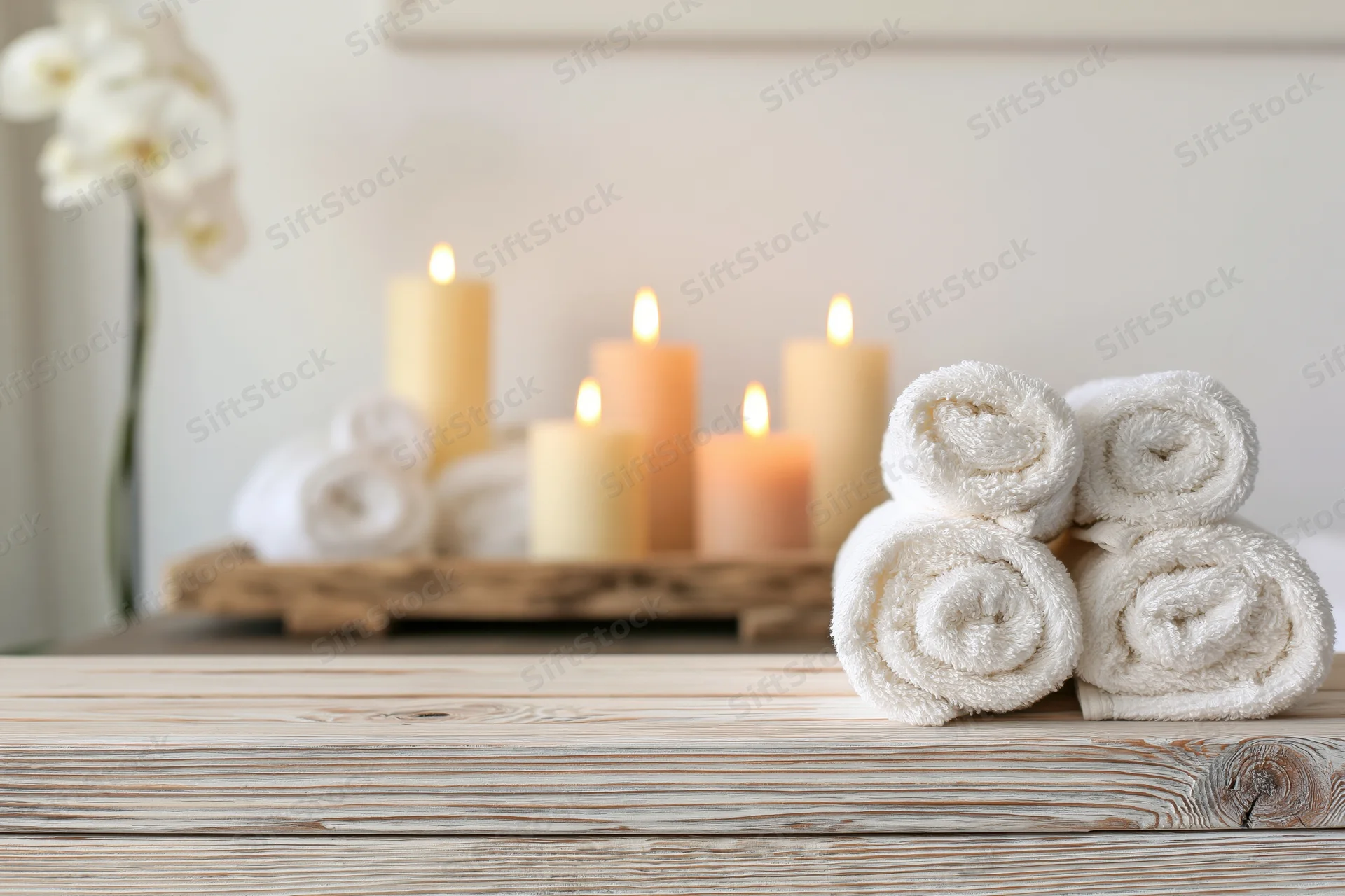 Rolled white towels on a wooden table with lit candles and orchid in background