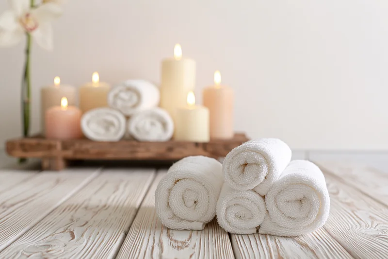 Rolled white towels on a wooden surface with lit candles and orchid in the background