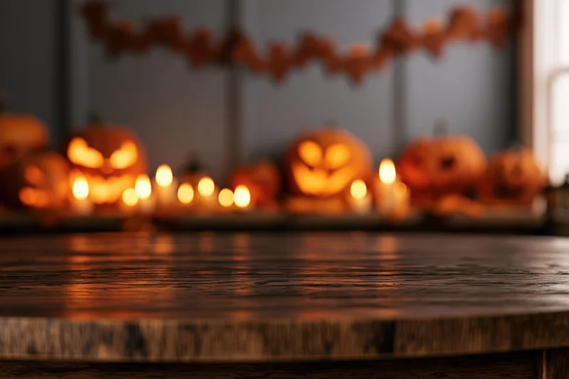 Empty wooden tabletop in foreground with blurred halloween pumpkins and candles in background