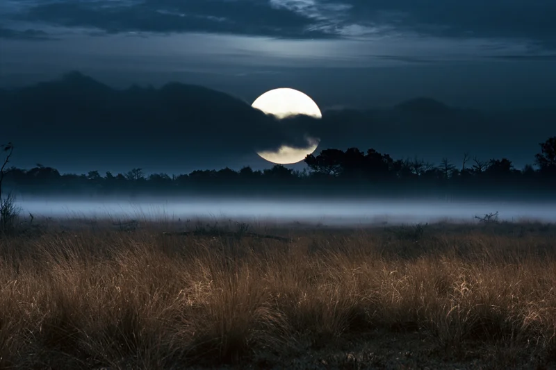 Full moon rising over misty field with distant mountains at night