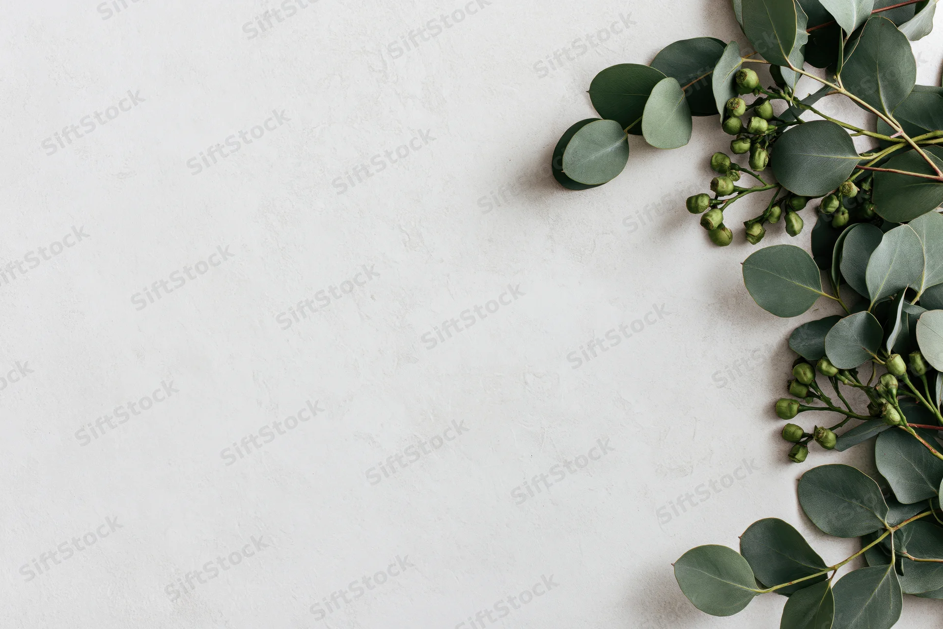 Eucalyptus branches with seed pods arranged along the right edge of a white textured surface