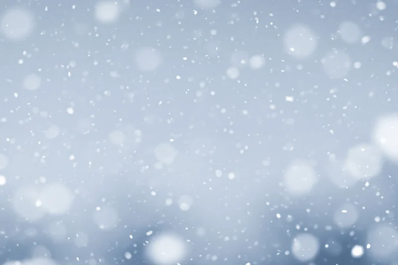 Snowflakes falling mid-air against a soft blue winter sky
