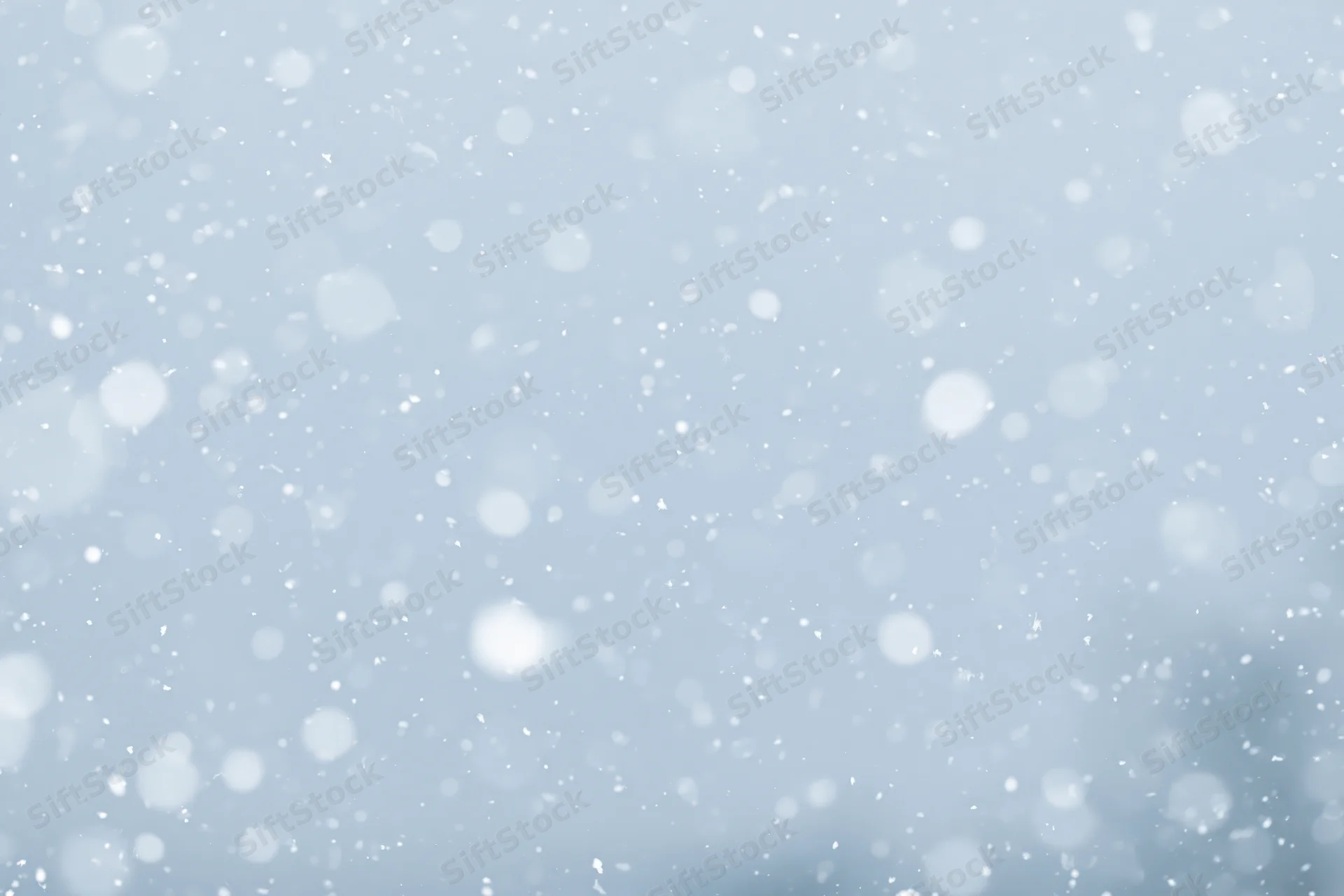 Snowflakes falling mid-air against a pale winter sky