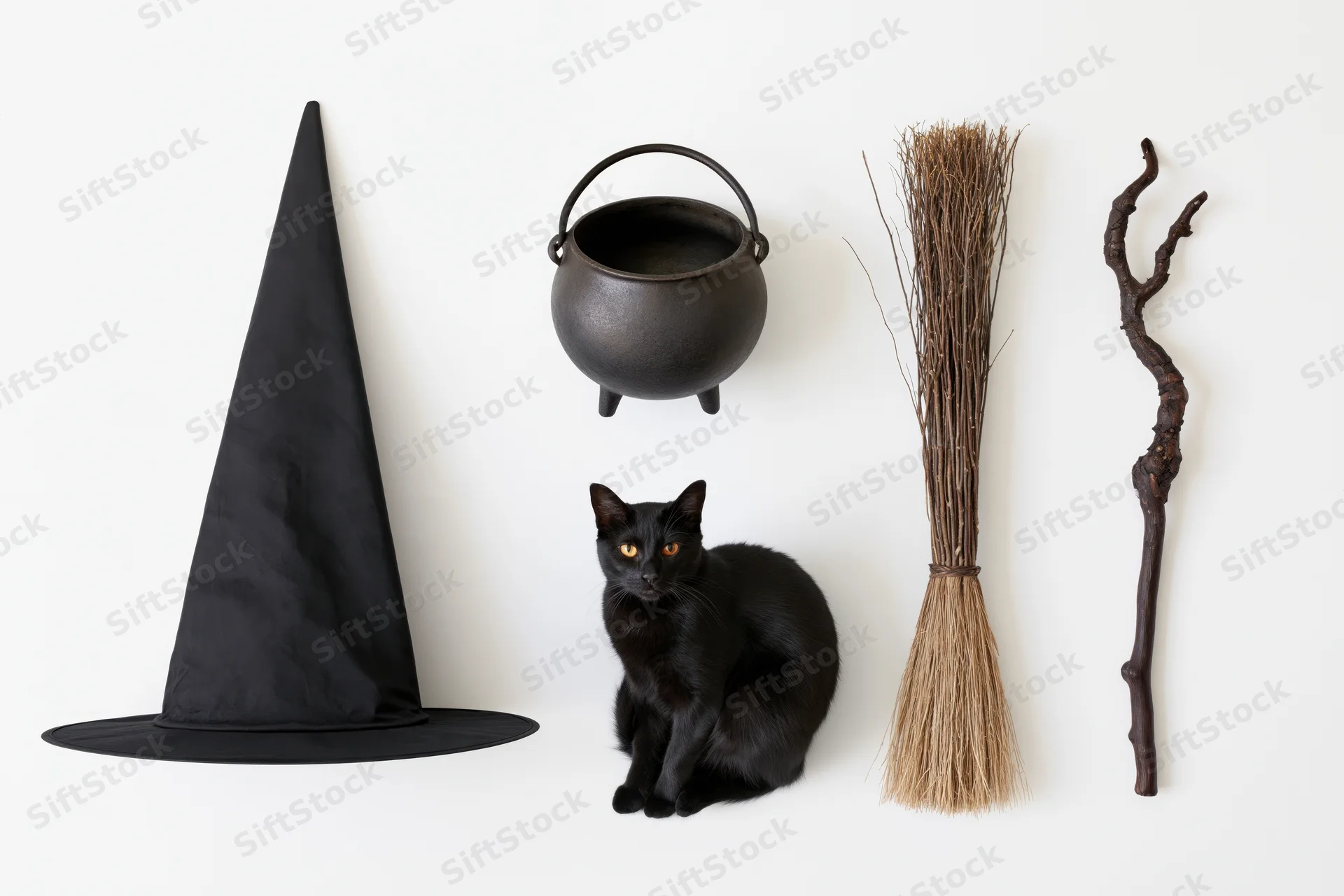 Black cat sitting among witch hat, cauldron, broom, and wand arranged on white surface