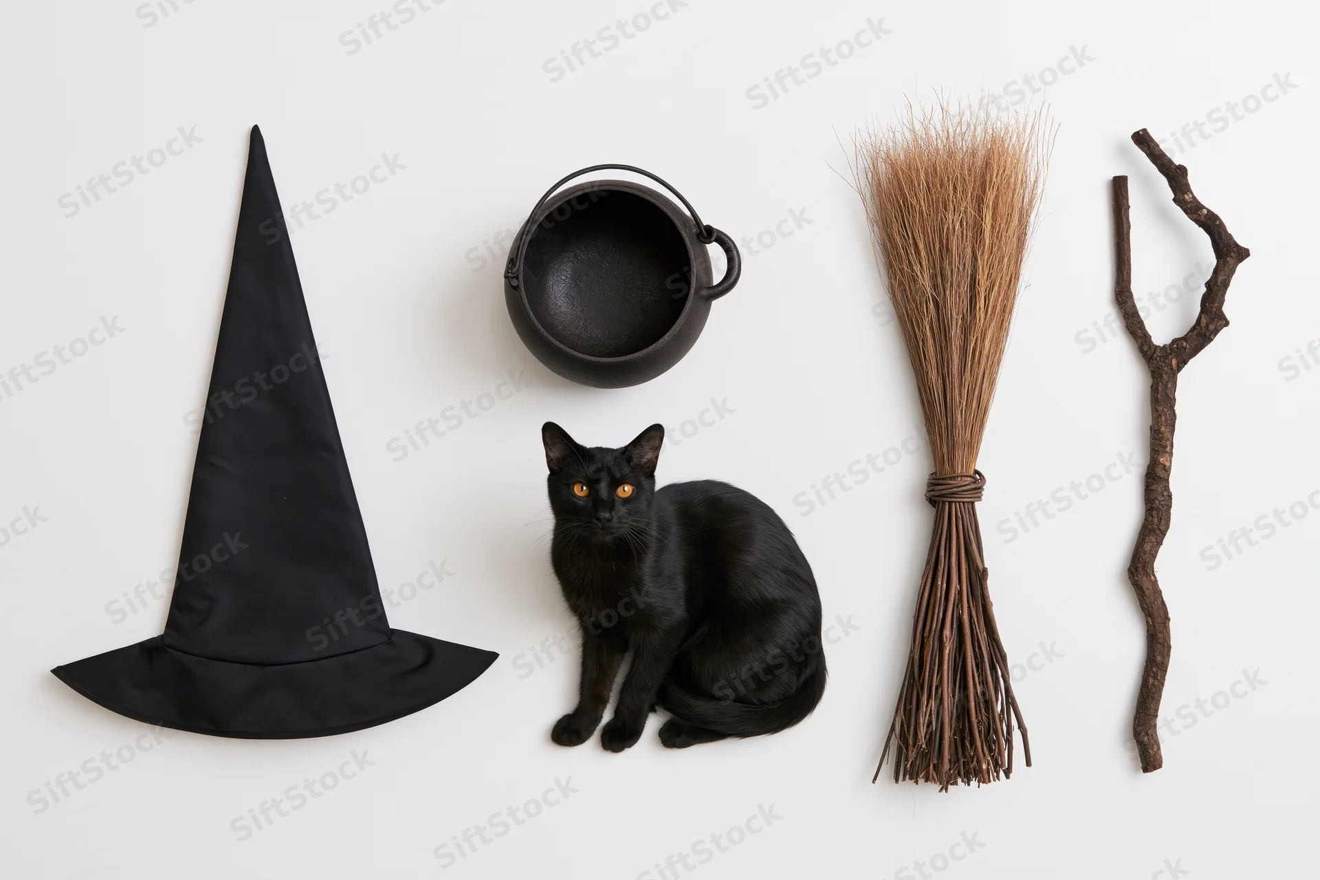 Black cat sitting among witch costume items on white background