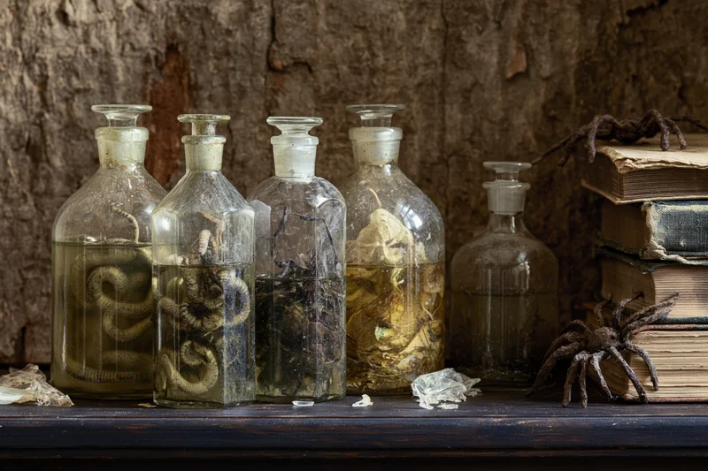 Antique glass bottles containing preserved snakes and spider specimens arranged on a wooden shelf beside stacked old books