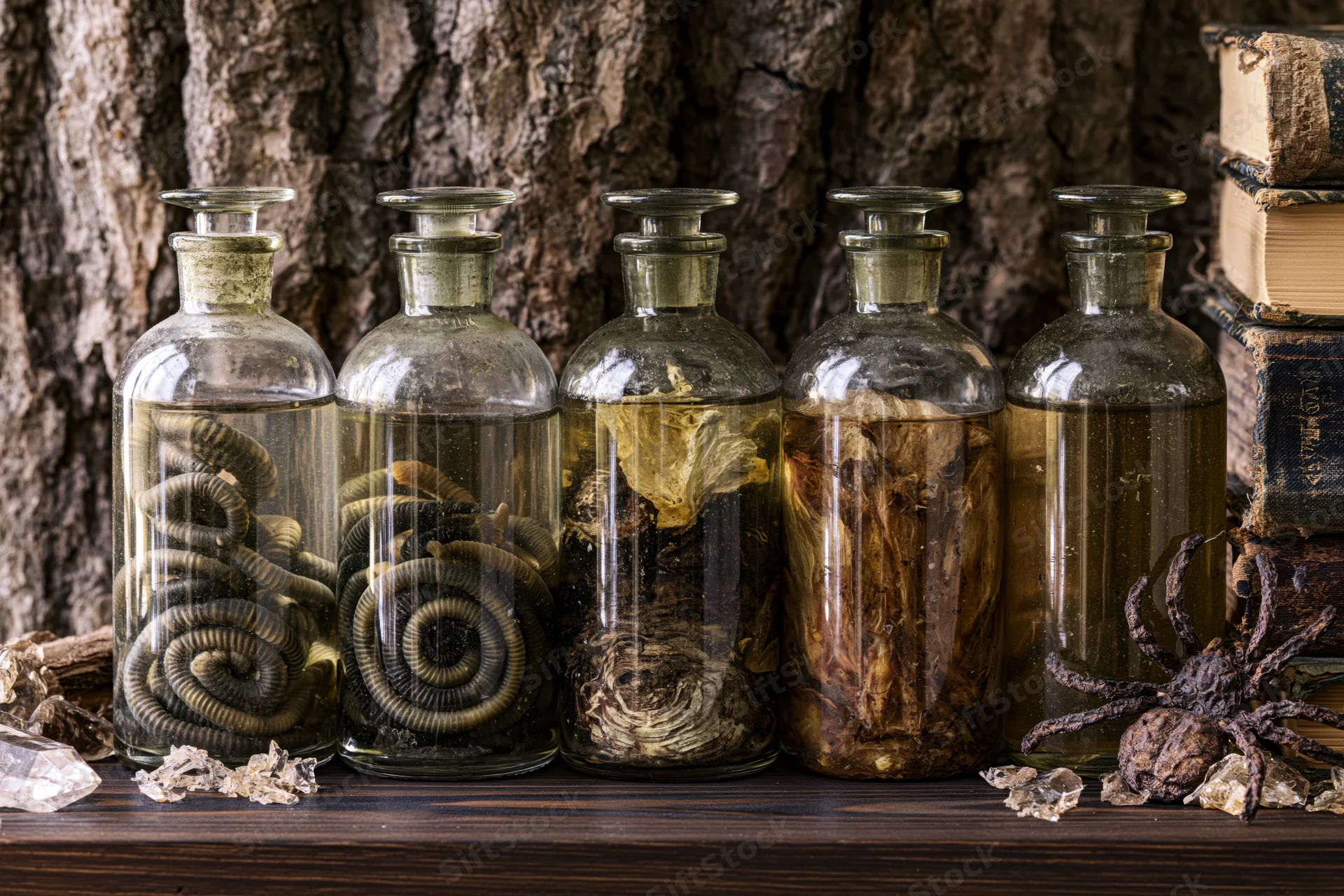 Five antique glass apothecary bottles containing preserved specimens arranged on a wooden shelf against tree bark