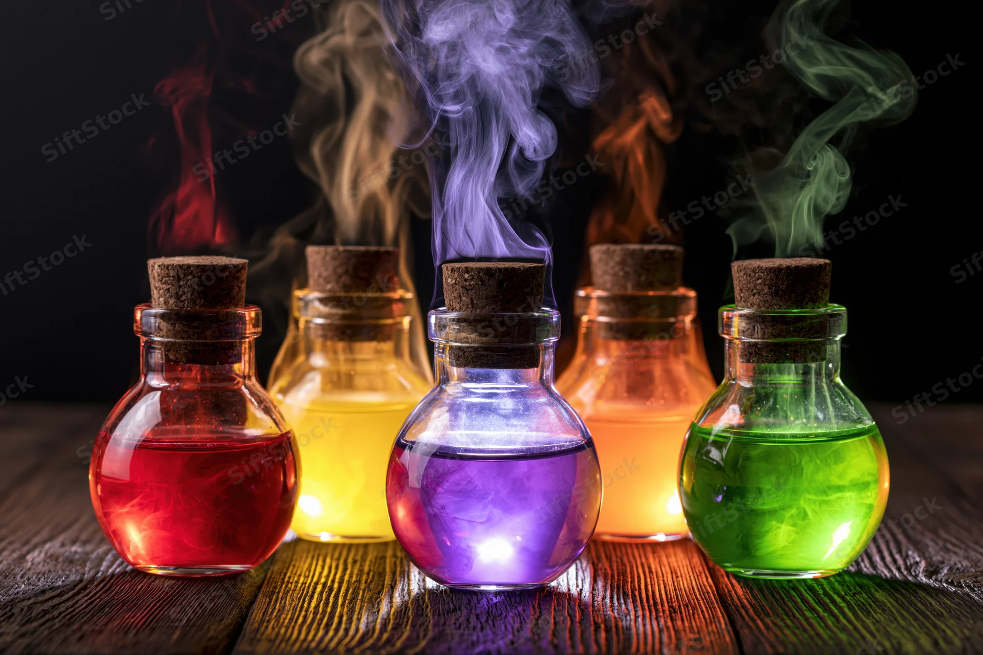 Five glass potion bottles with cork stoppers emitting colorful smoke on a wooden table