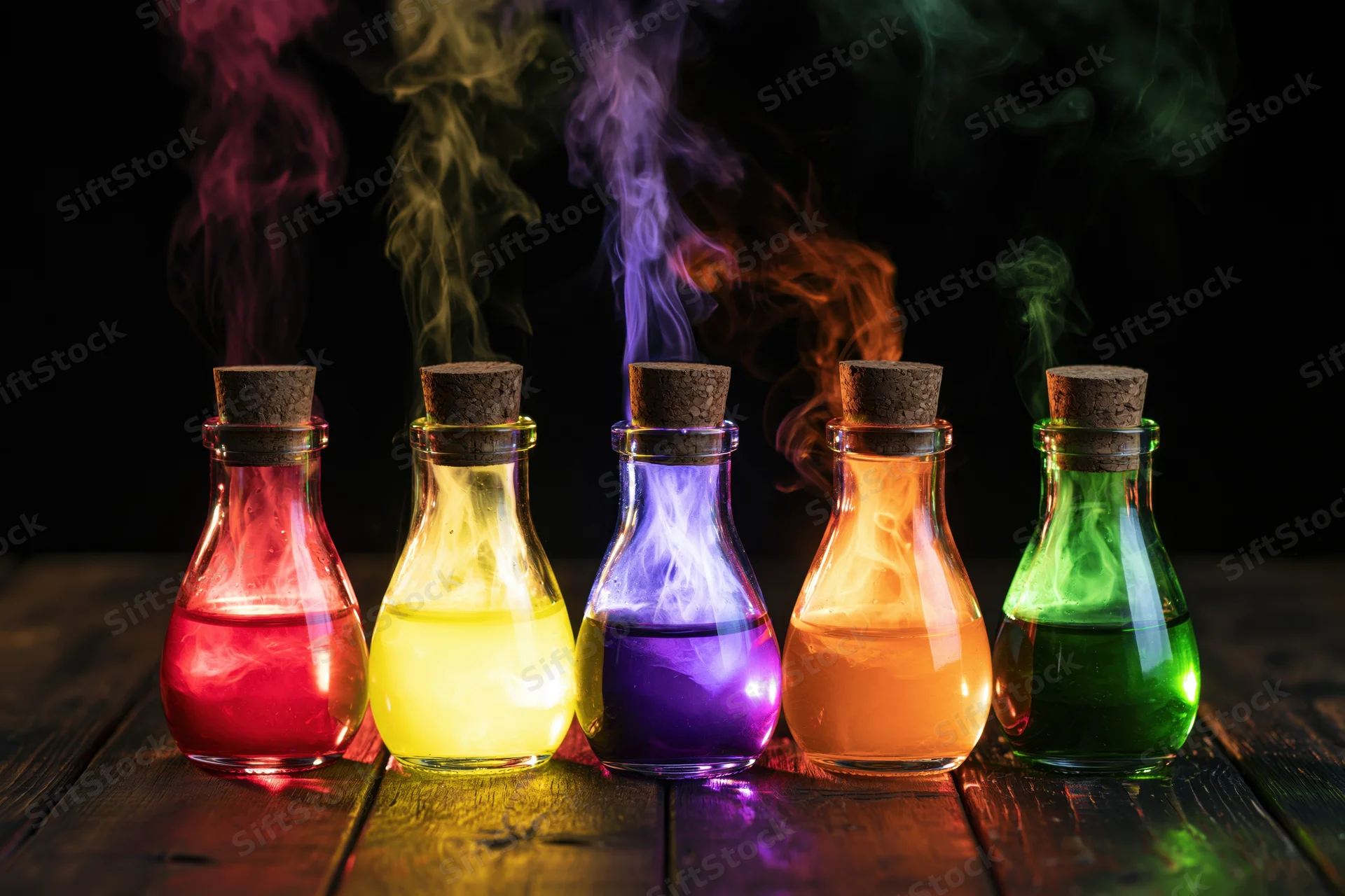 Five glass potion bottles with cork stoppers emitting colorful smoke arranged in a row on a dark wooden table