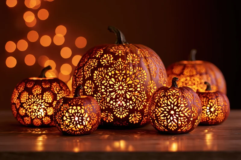 Intricately carved pumpkins glowing with warm light on a wooden table against a bokeh background