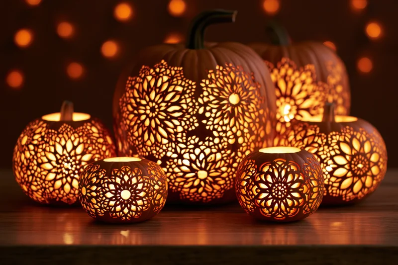 Intricately carved pumpkins glowing with warm light on a wooden table during halloween