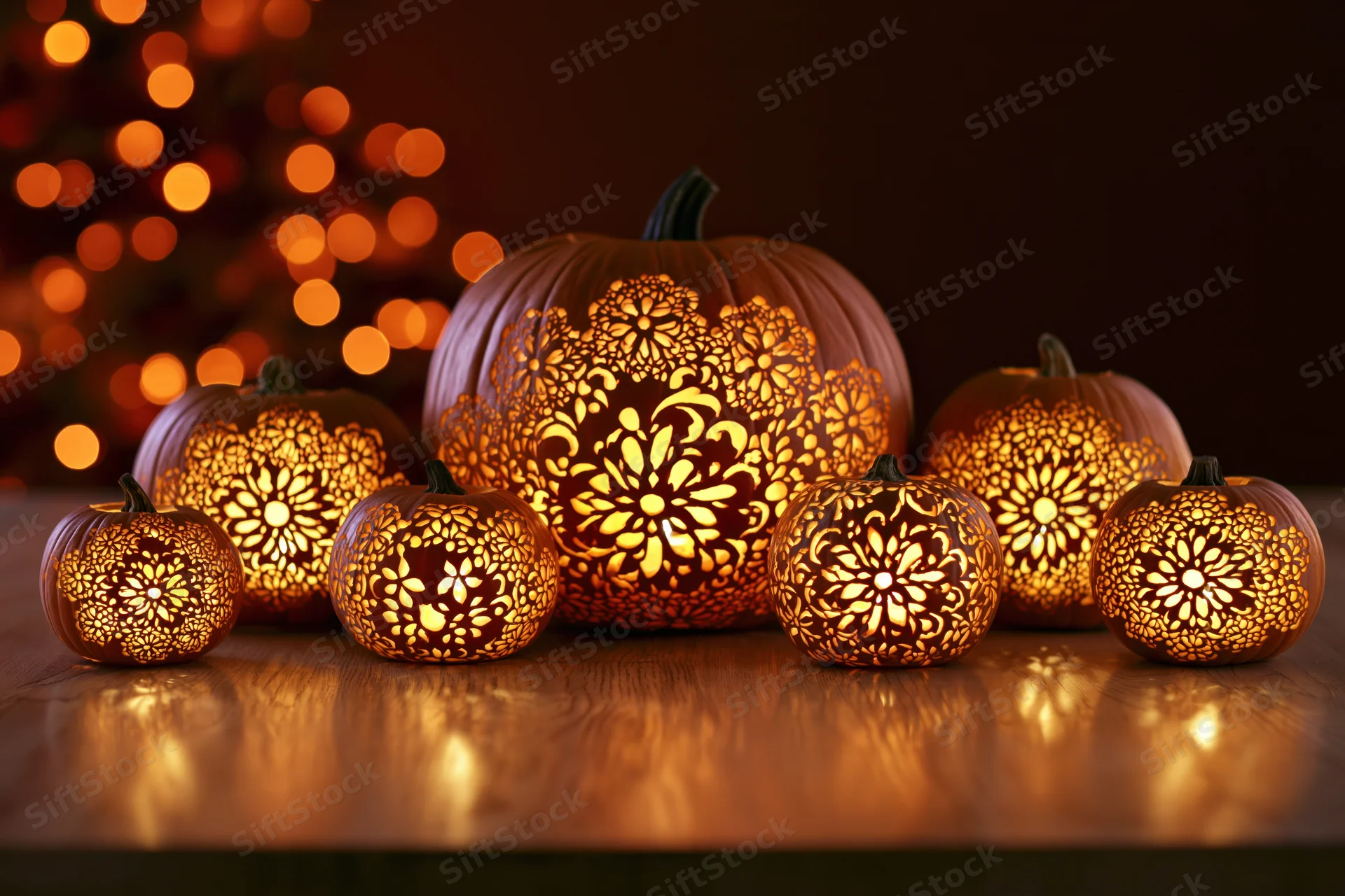 Intricately carved pumpkins glowing with floral patterns on a wooden table at night