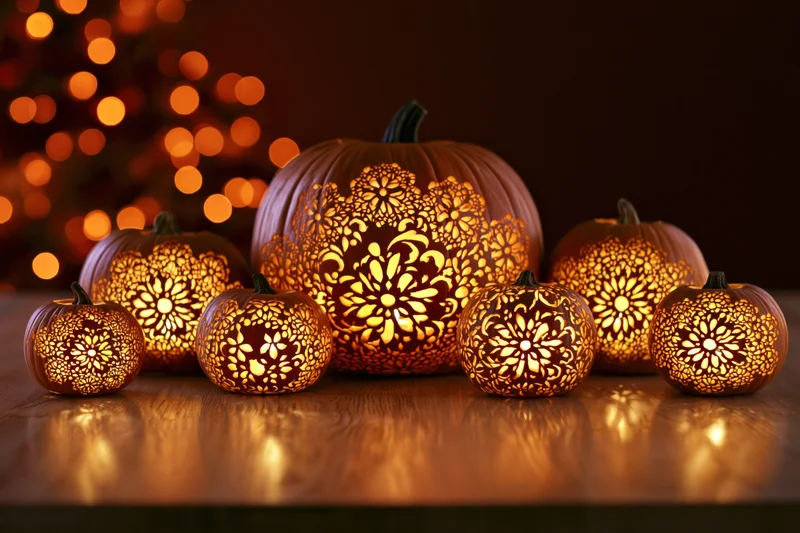 Intricately carved pumpkins glowing with floral patterns on a wooden table at night