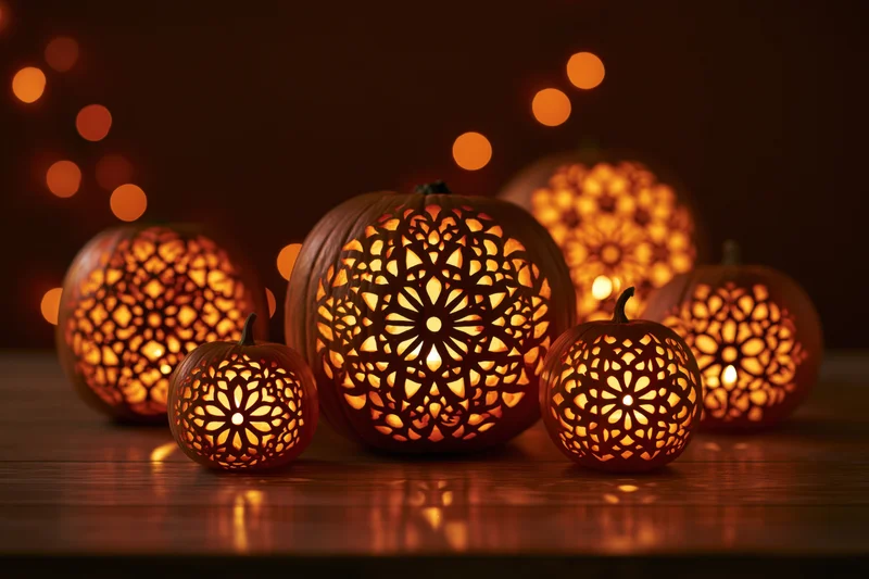 Intricately carved pumpkins glowing with warm light on a wooden table during halloween celebration
