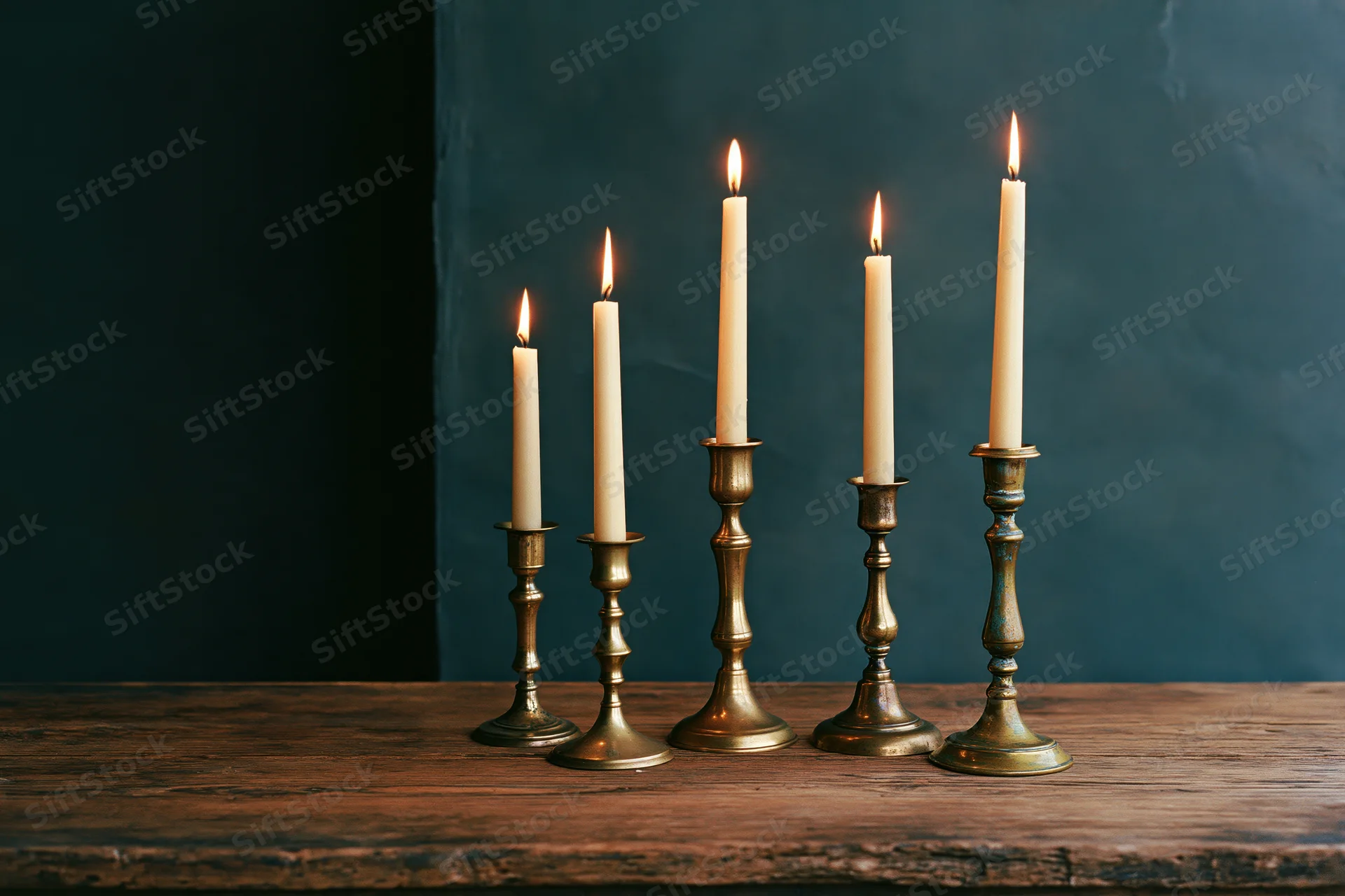 Five lit taper candles in mismatched antique brass candlesticks on a wooden table against a dark background