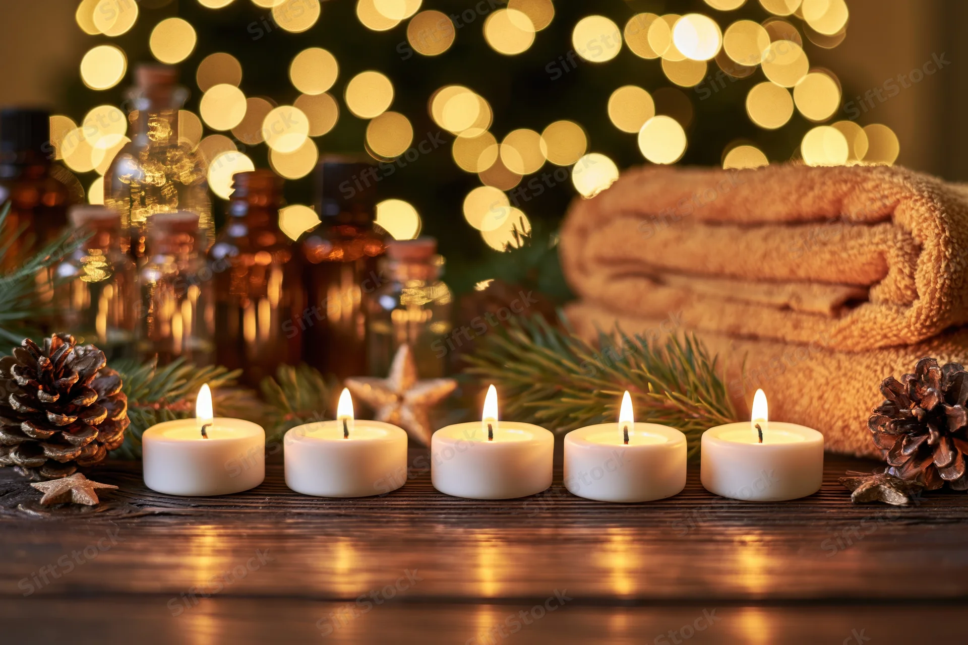 Five lit white candles in a row on a dark wooden table with pine branches, pinecones, amber bottles, and blurred festive lights in the background