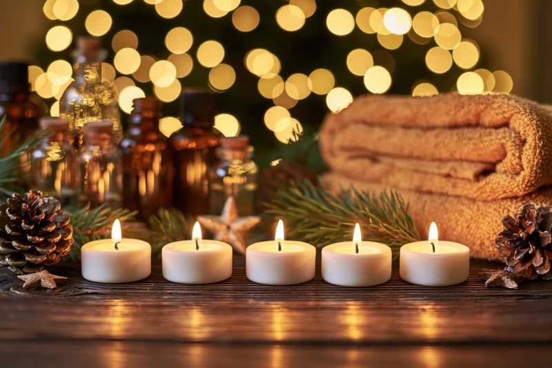 Five lit white candles in a row on a dark wooden table with pine branches, pinecones, amber bottles, and blurred festive lights in the background