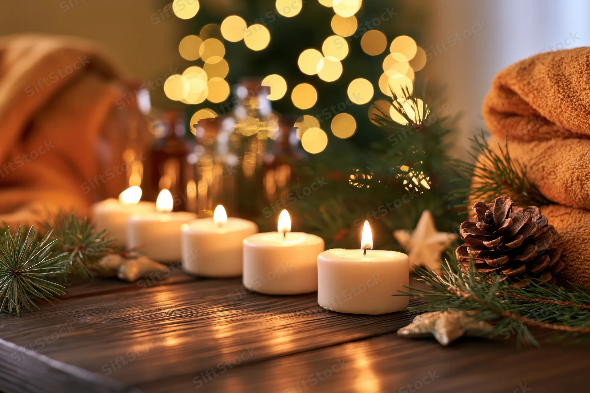 Five lit white candles in a row on a dark wooden table with pine branches and pinecones, Christmas lights blurred in the background