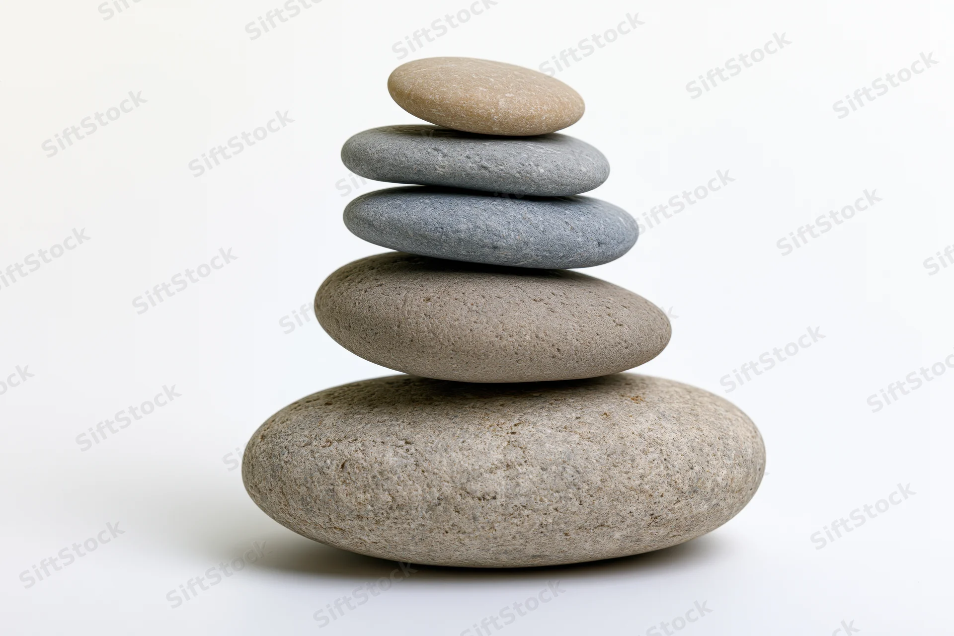Five smooth river stones stacked in a balanced tower on a white background
