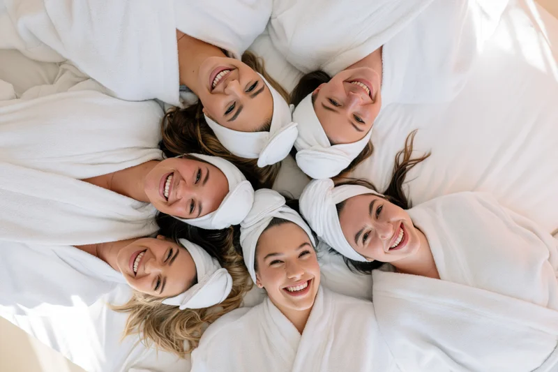Five young women in white bathrobes and towels lying in a circle on a bed smiling upward