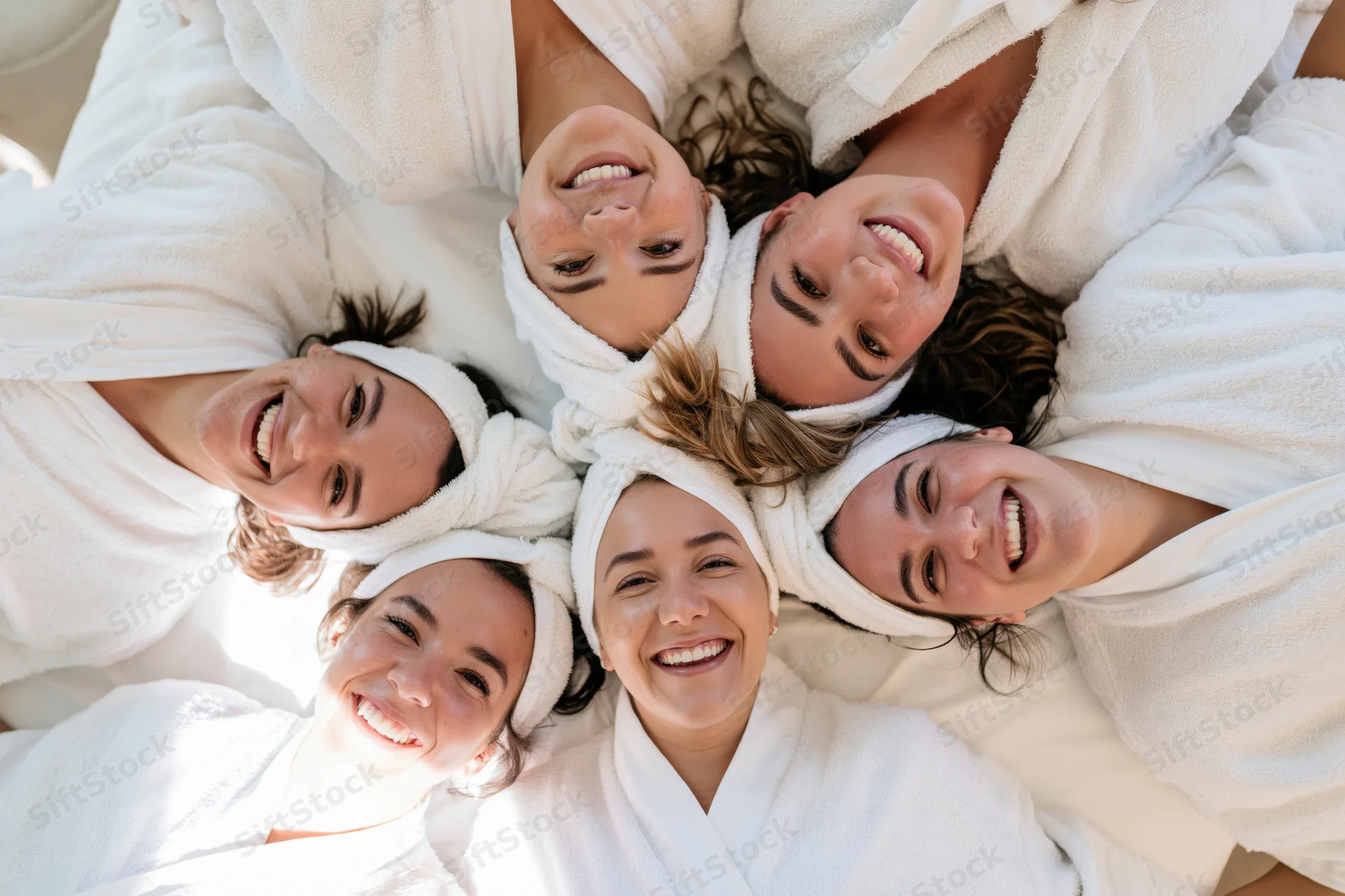 Five young women in white bathrobes and towel headbands lying in a circle on a bed, smiling upward from overhead view