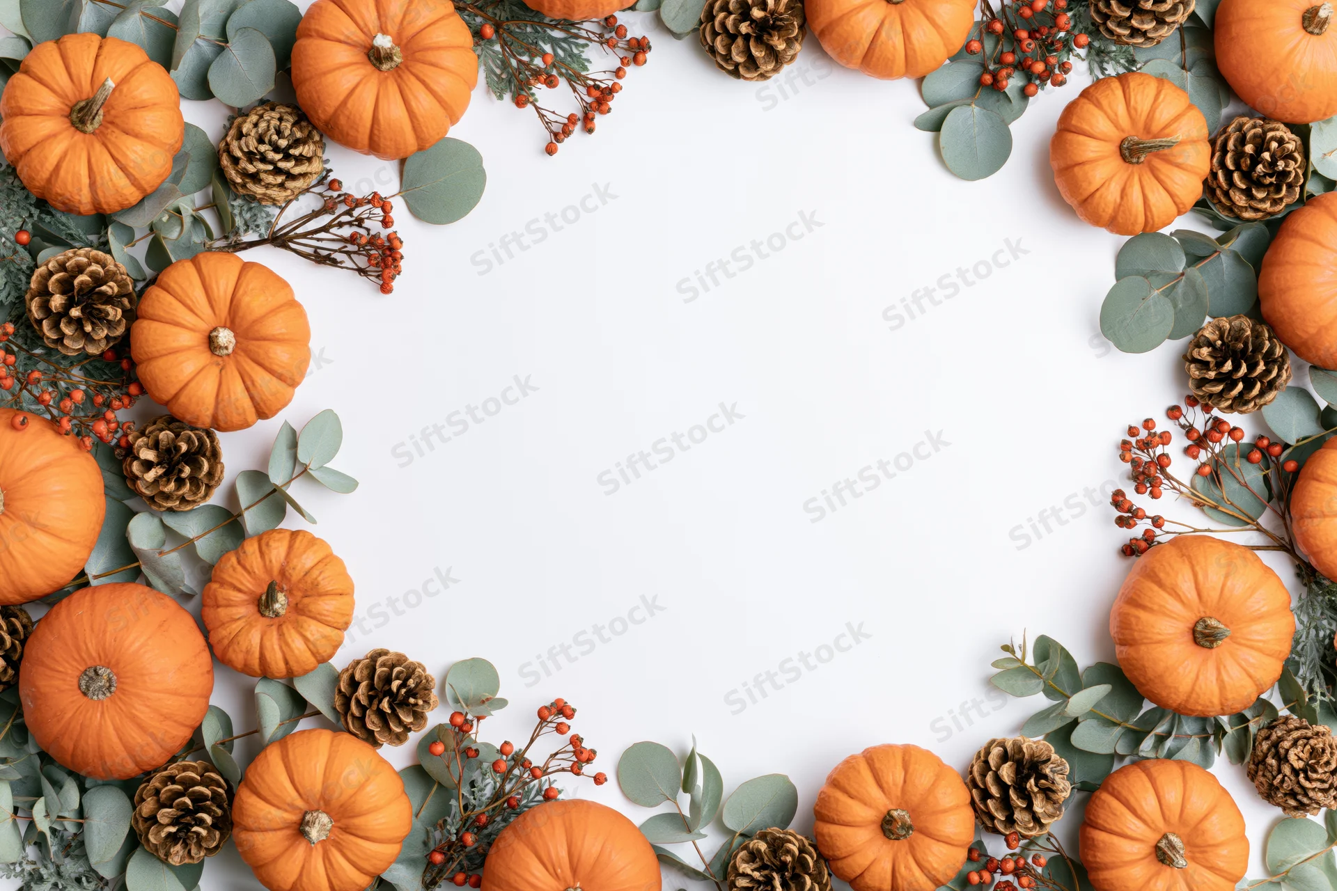 Orange pumpkins and pinecones arranged in a border around a white surface with eucalyptus and berries
