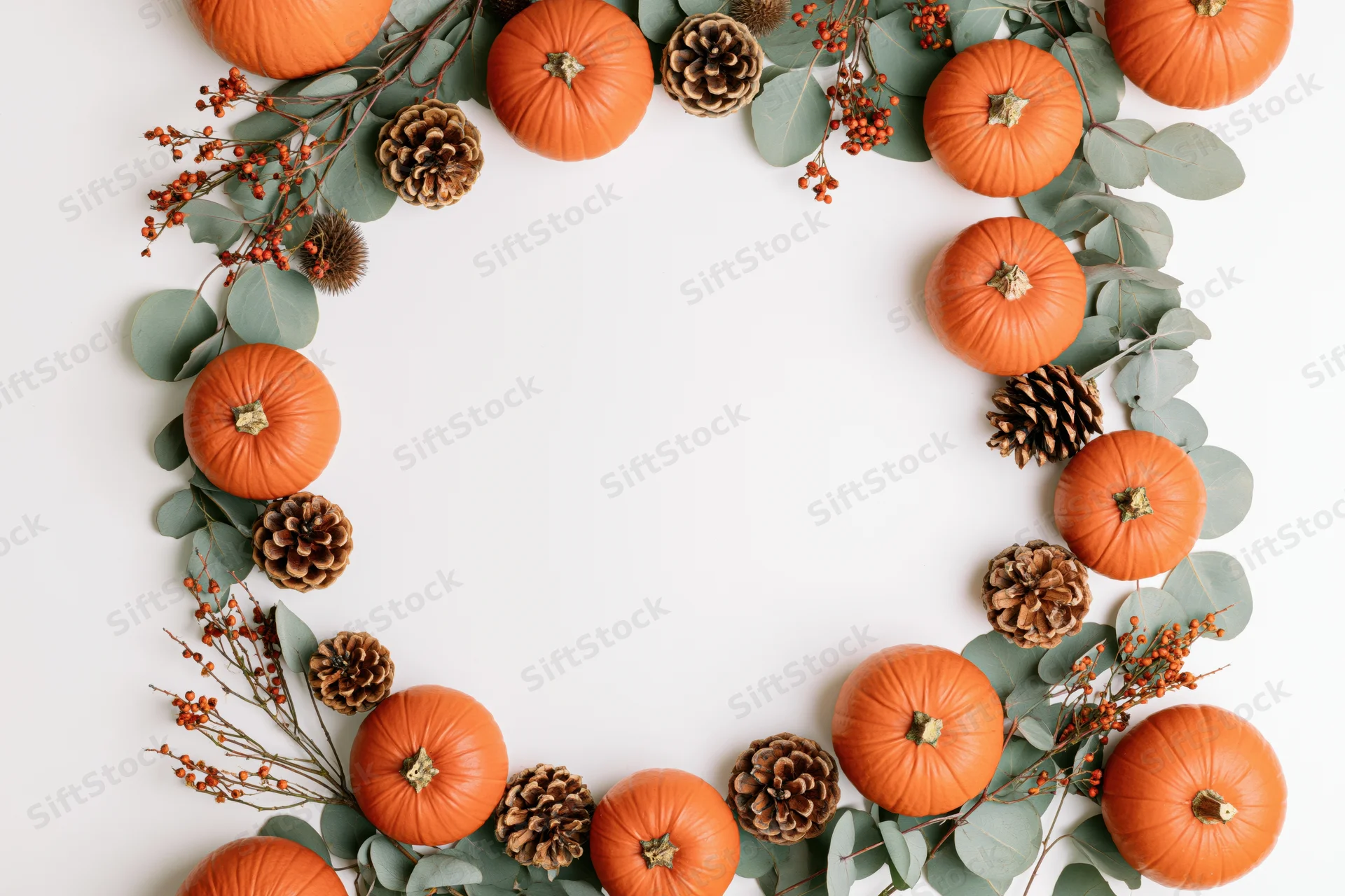 Circular arrangement of orange pumpkins, pinecones, eucalyptus, and berries forming a wreath on white surface with central copyspace