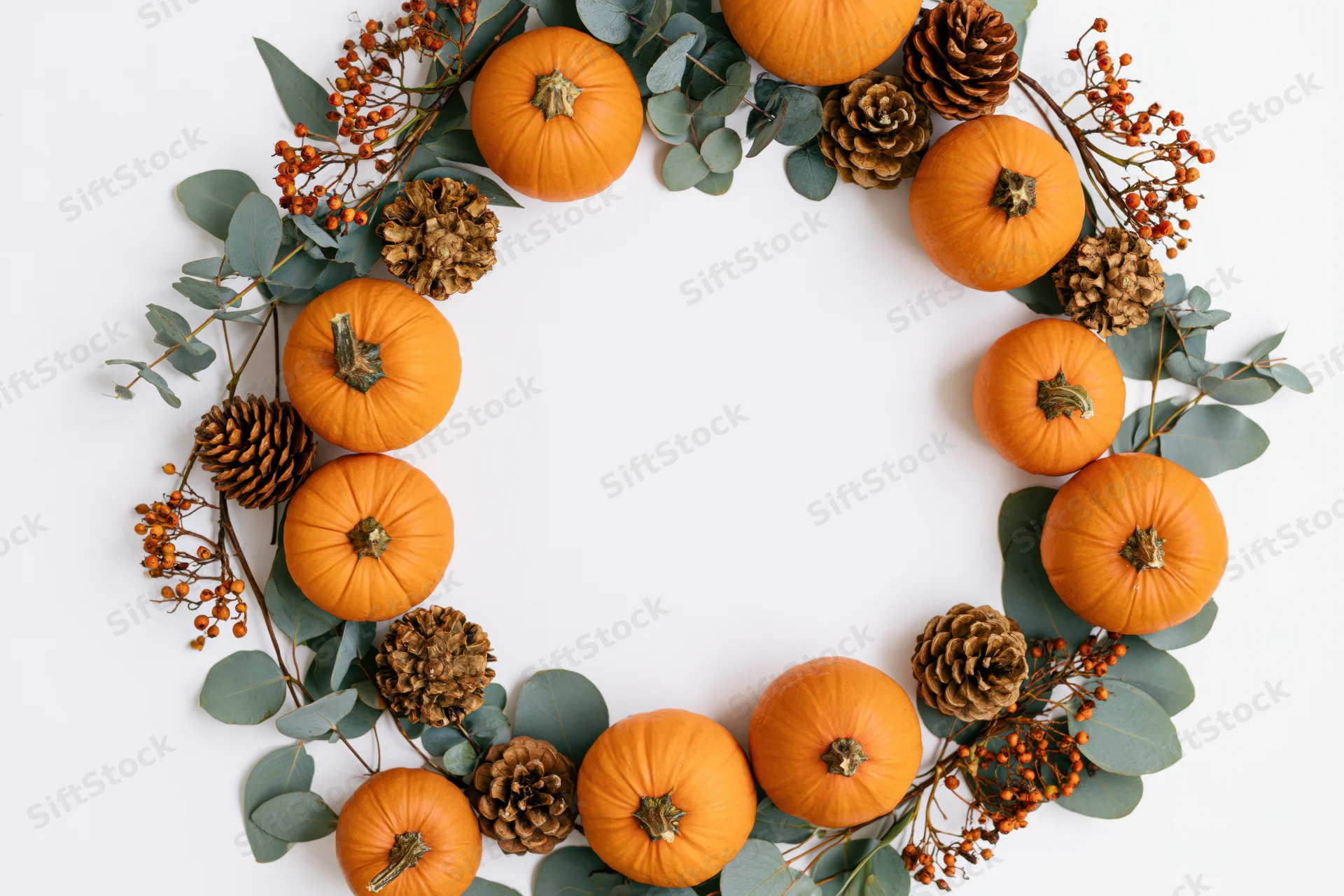 Circular wreath made of orange pumpkins, pinecones, eucalyptus leaves and dried berries arranged on white surface