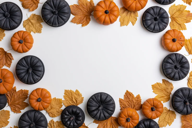 Small orange and black pumpkins with autumn leaves arranged in a border around white copyspace